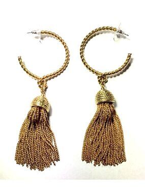 Chunky Goldtone Twisted Hoop Earrings with Chain Tassels Heavy